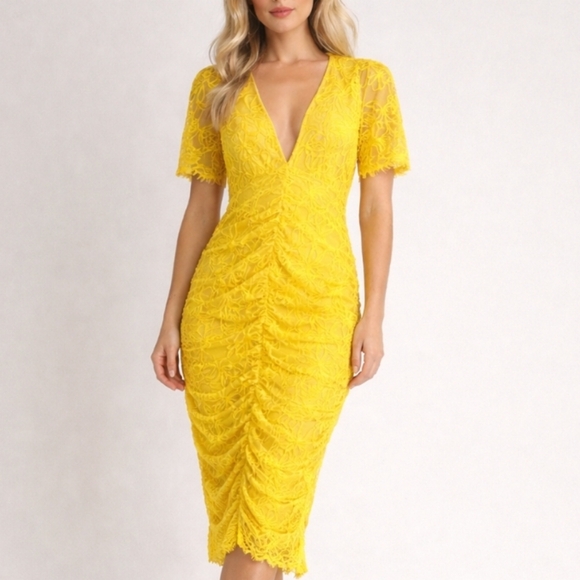 Zara | Yellow Lace Ruched Midi Bodycon Dress - Picture 11 of 11